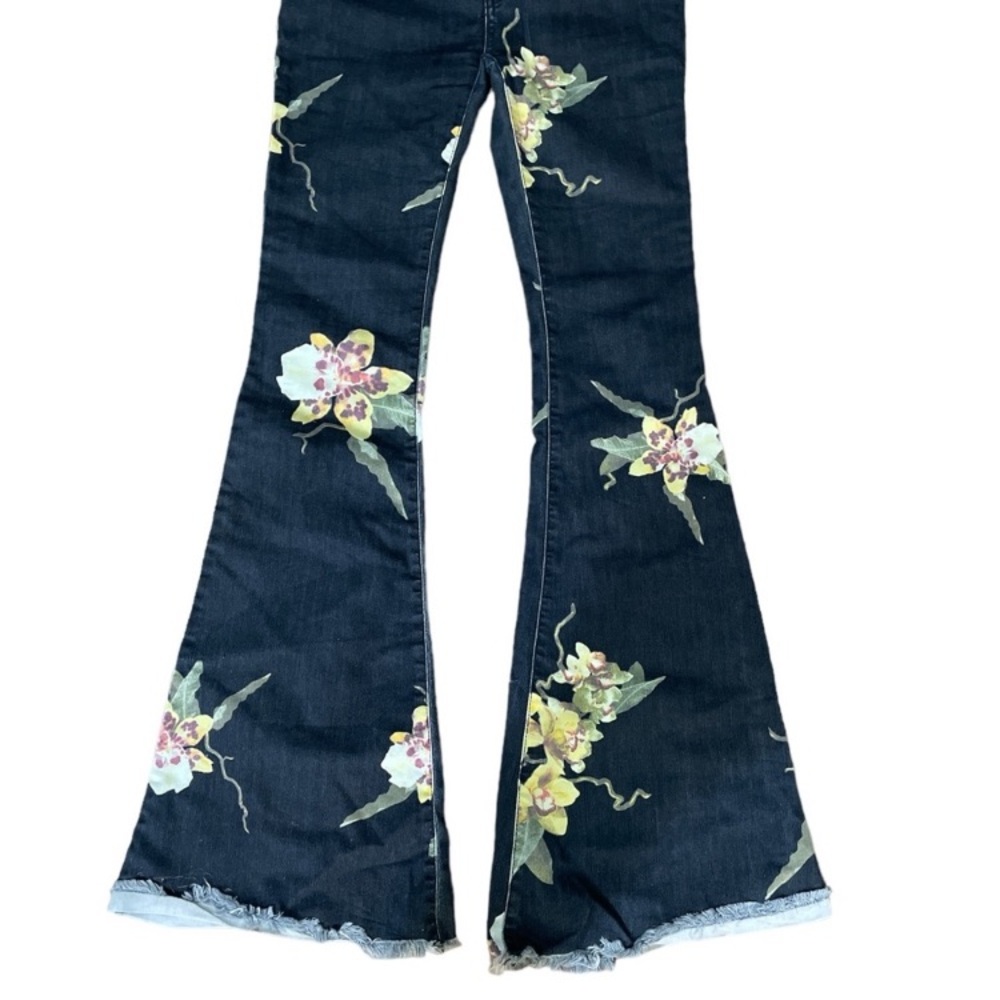 Free People Floral Print Flare Jeans - Dark Blue